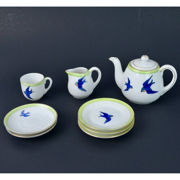 Noritake Miniature Bluebird Tea Set Child's Toy Vintage Porcelain Handpainted - Picture 1 of 5